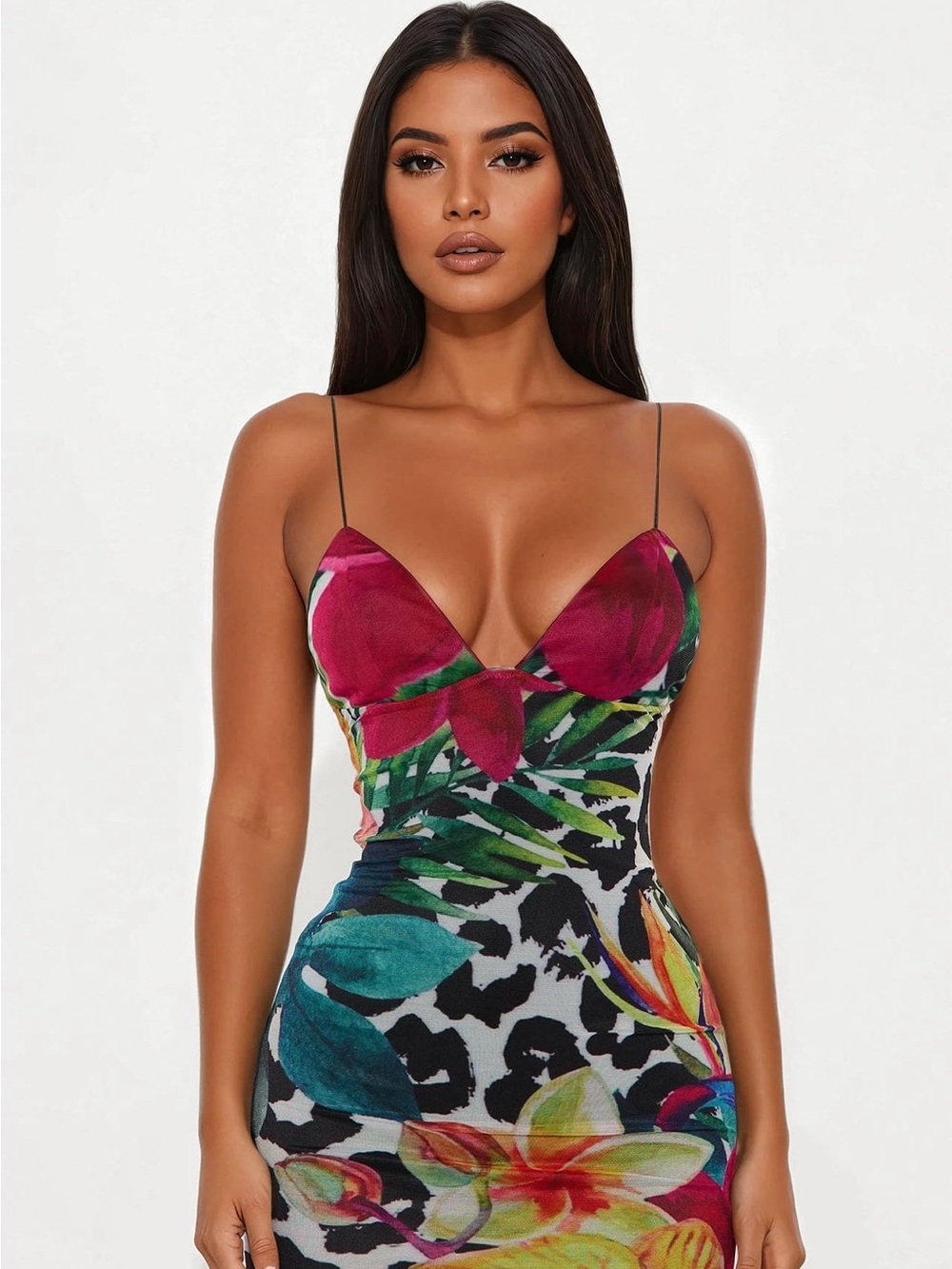 Tropical Floral Bodycon Dress in Fuchsia & Multi